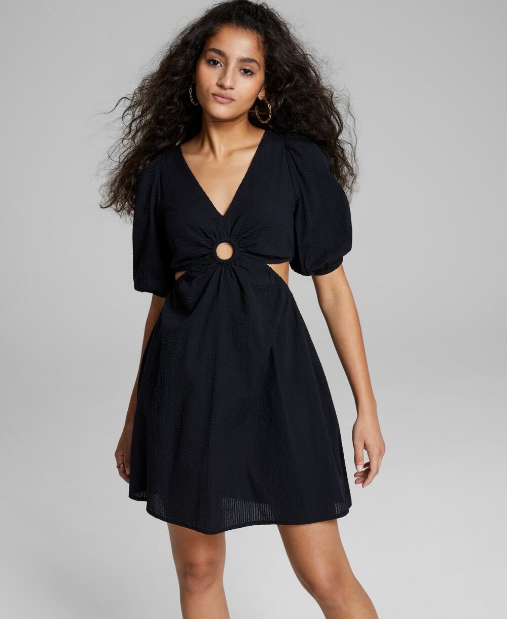 NEW And Now This Black Short Sleeve Keyhole Cutout Mini Fit & Flare Dress Size S